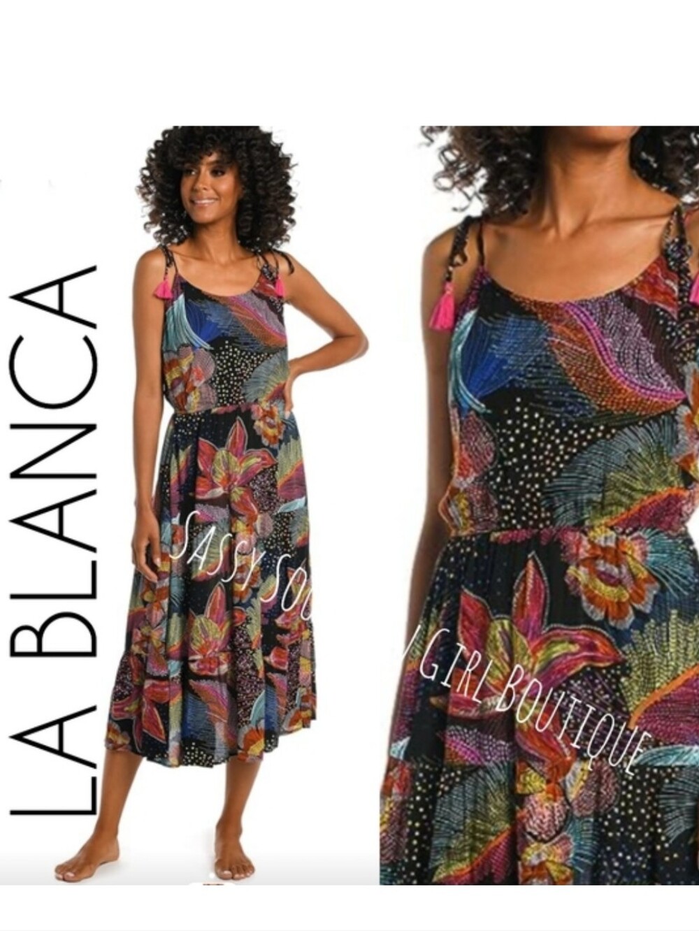 ⭐🆕LA BLANCA Black Summer Sorie Tie Tassel Midi Dress